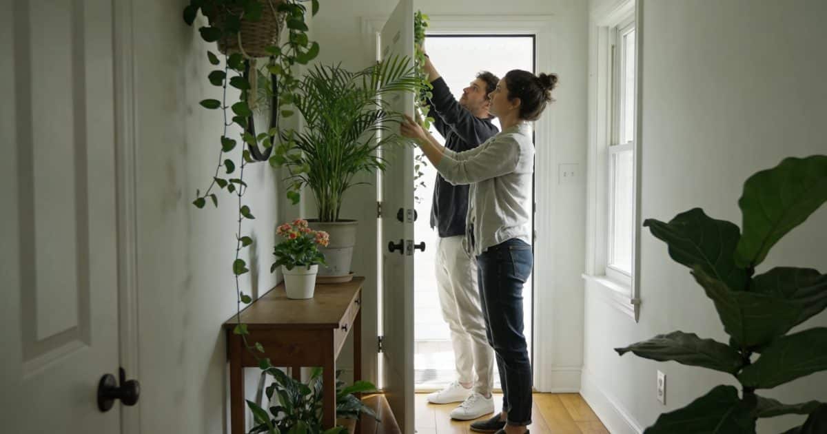 Couple decorant une petite entree lumineuse avec plantes