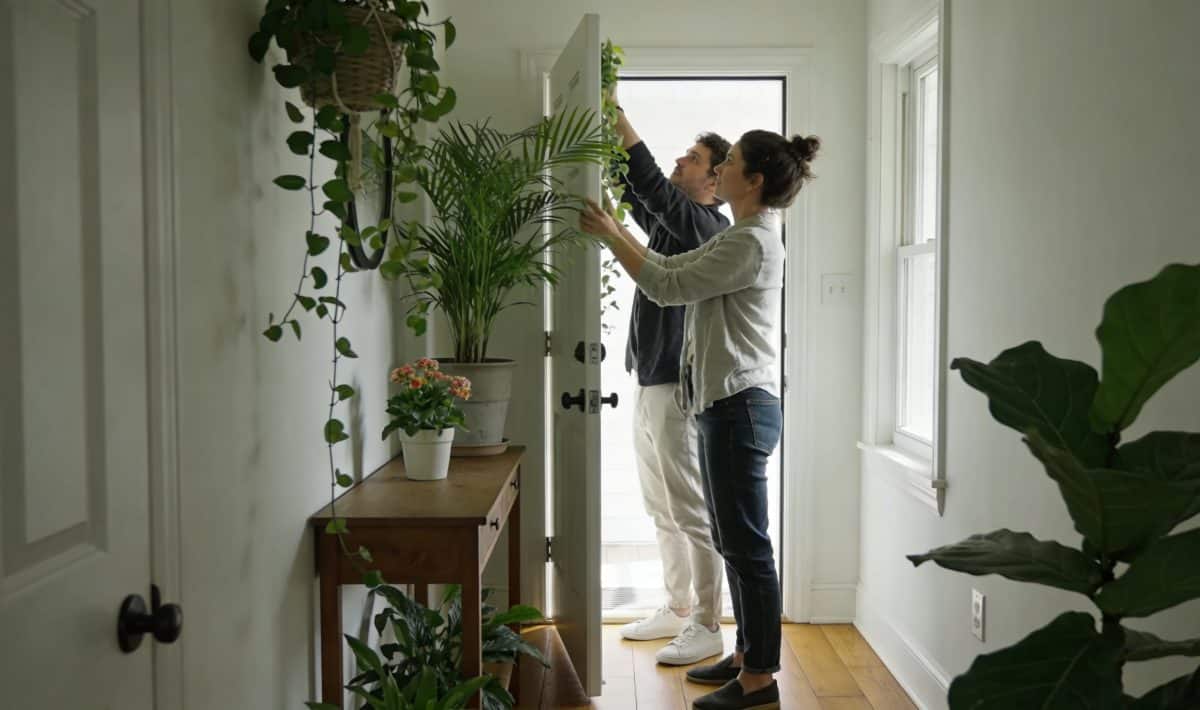 Couple decorant une petite entree lumineuse avec plantes