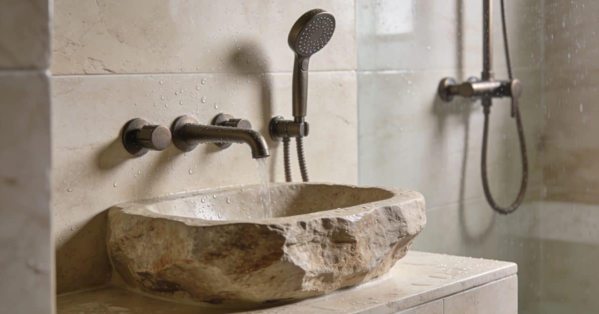 Douche en pierre beige avec vasque rustique