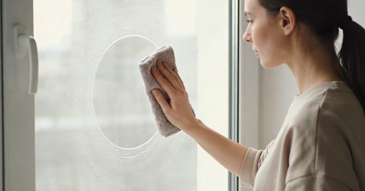 Femme essuyant une grande fenetre avec chiffon en microfibre