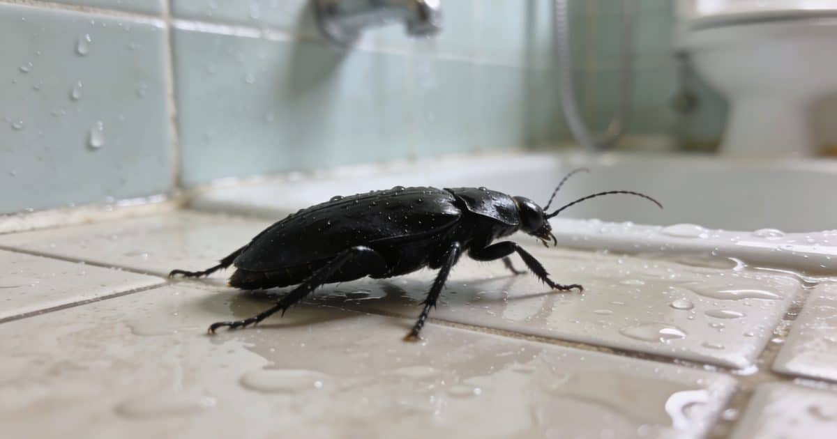 gros insecte noir rampant sur carrelage de salle de bain humide