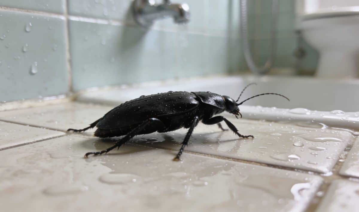 gros insecte noir rampant sur carrelage de salle de bain humide