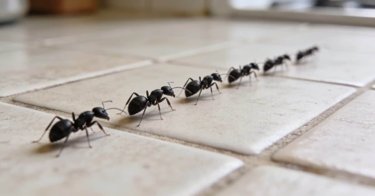 Gros plan fourmis noires en file sur carrelage cuisine