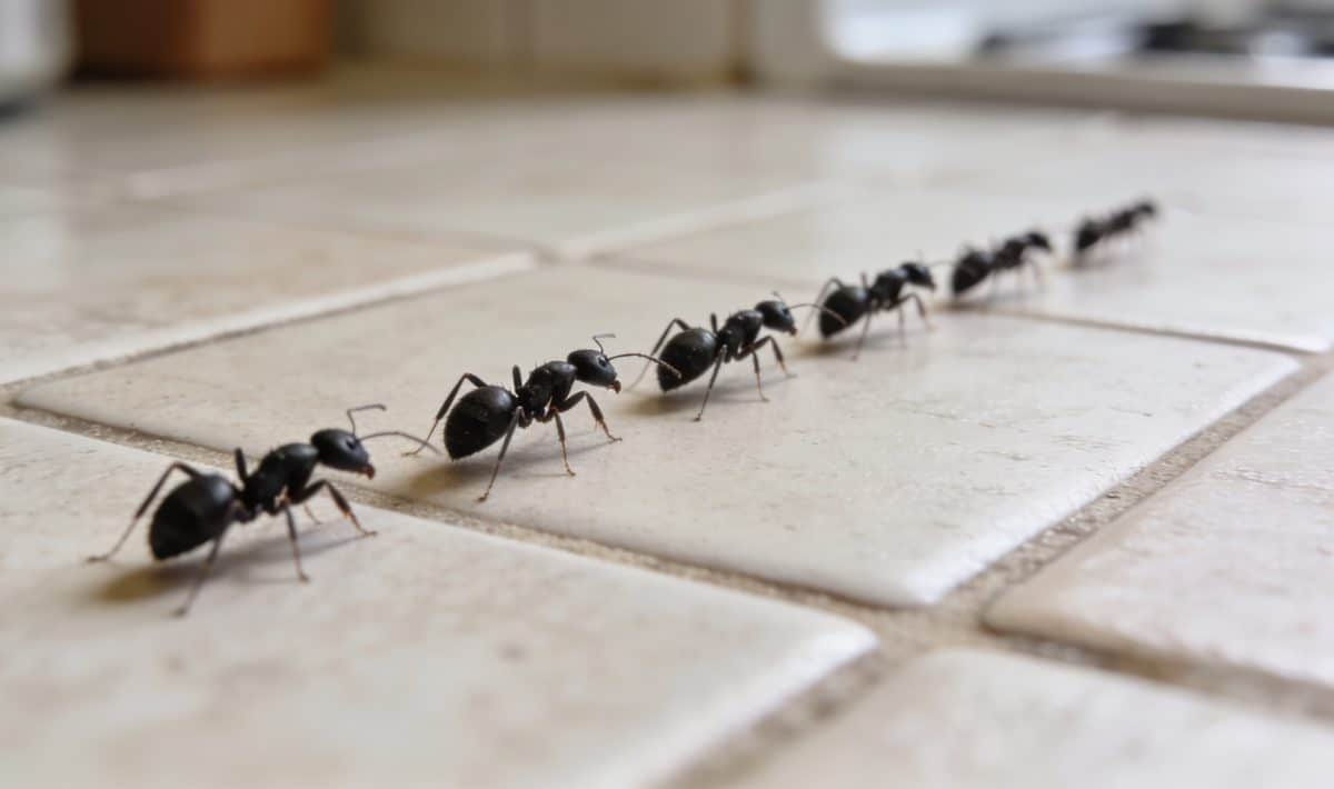 Gros plan fourmis noires en file sur carrelage cuisine