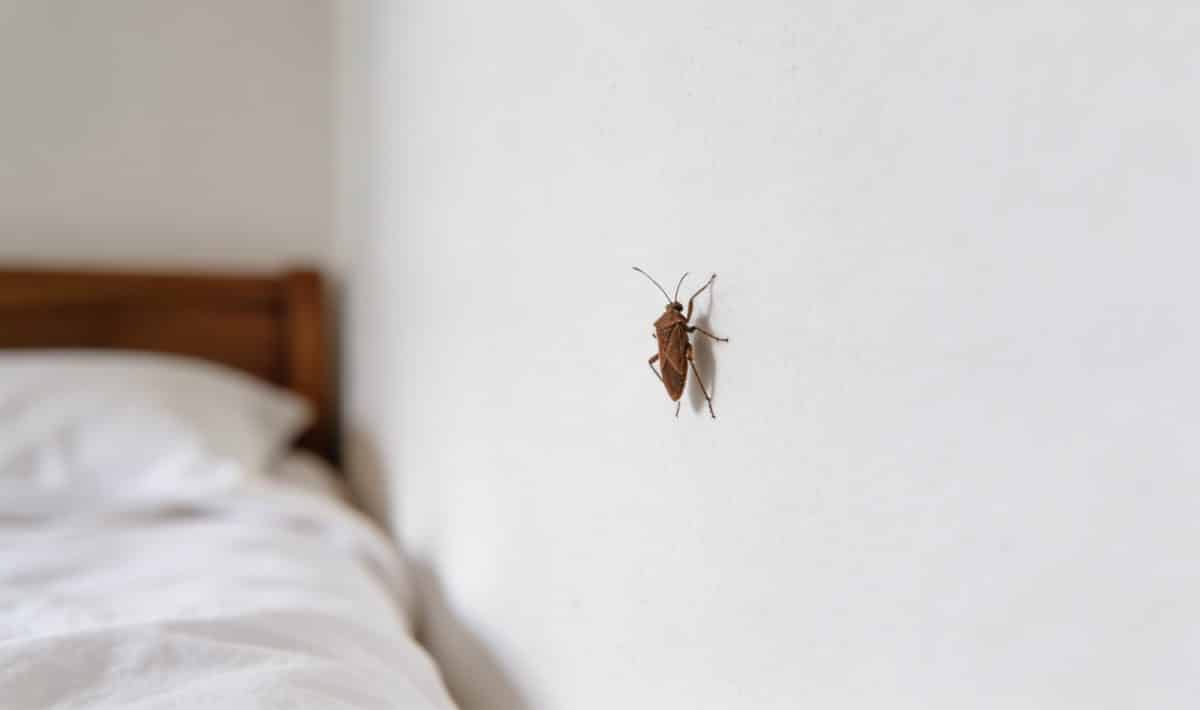 Petit insecte brun sur mur blanc de chambre