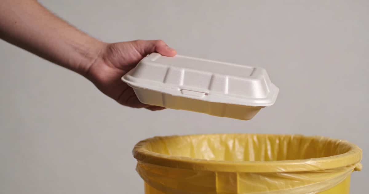 Main tenant une barquette en polystyrene au dessus d une poubelle jaune