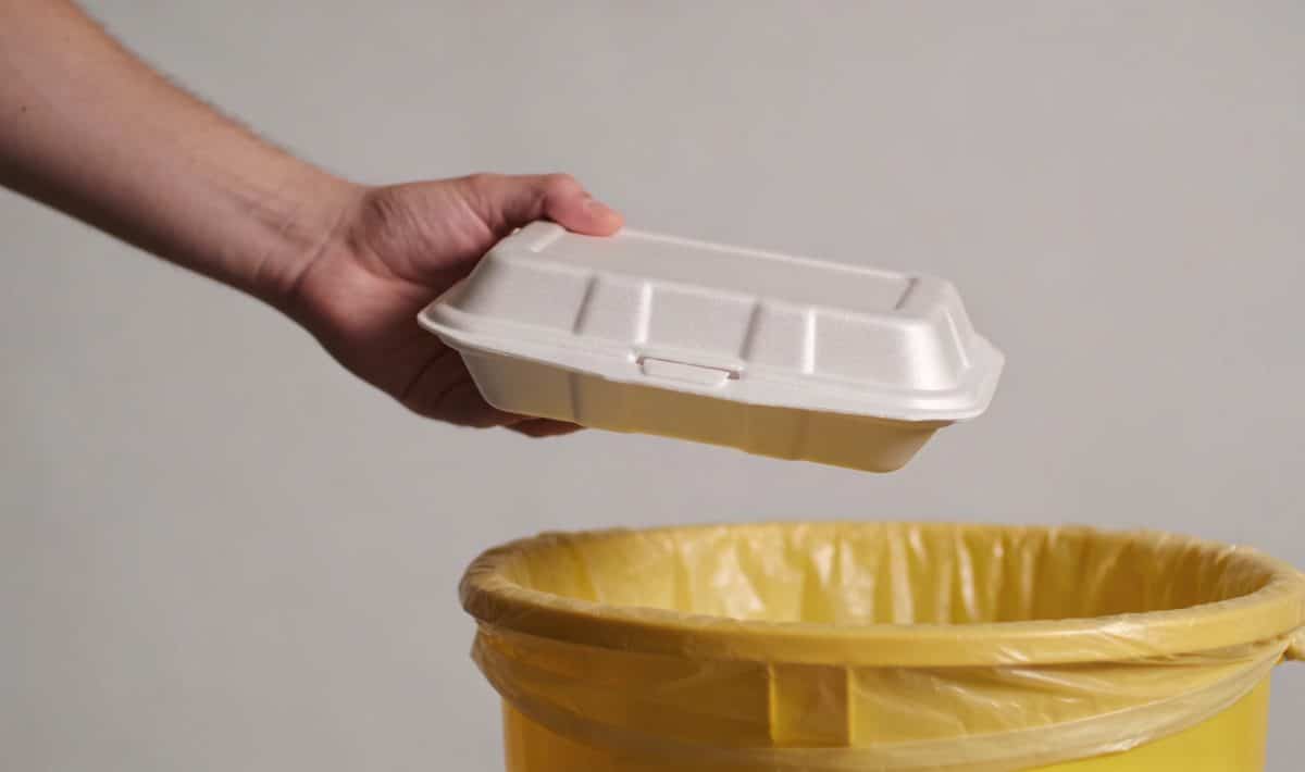 Main tenant une barquette en polystyrene au dessus d une poubelle jaune