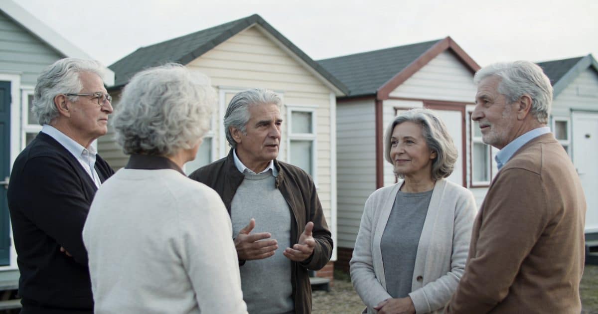Personnes agees discutant devant petites maisons individuelles