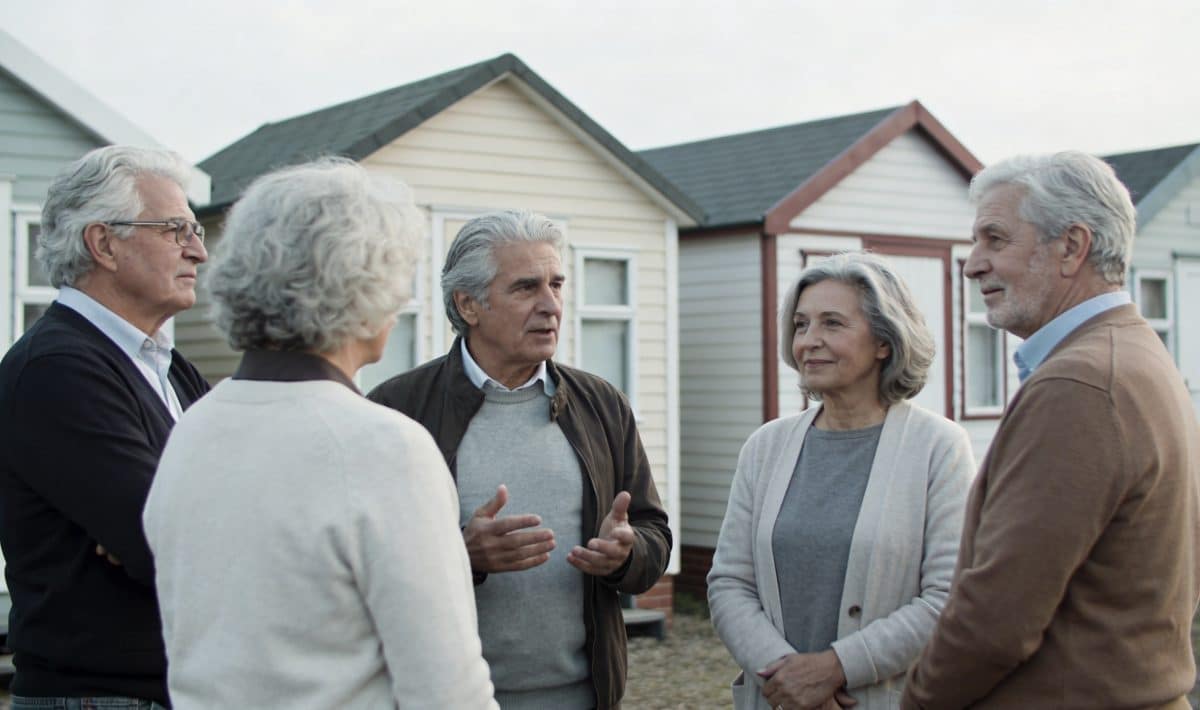 Personnes agees discutant devant petites maisons individuelles
