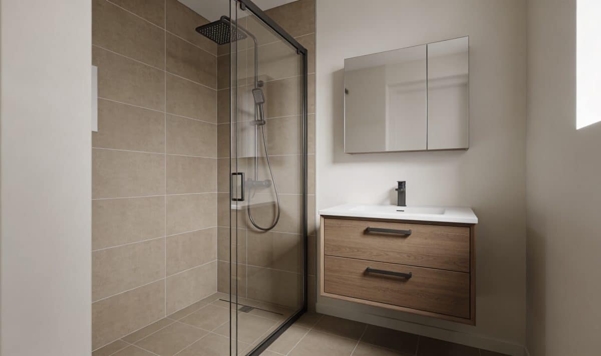 Petite salle de bain avec douche italienne et meuble suspendu