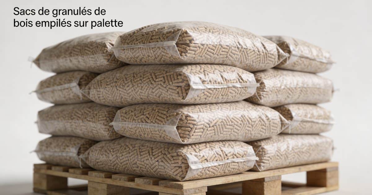 Sacs de granulés de bois empilés sur palette