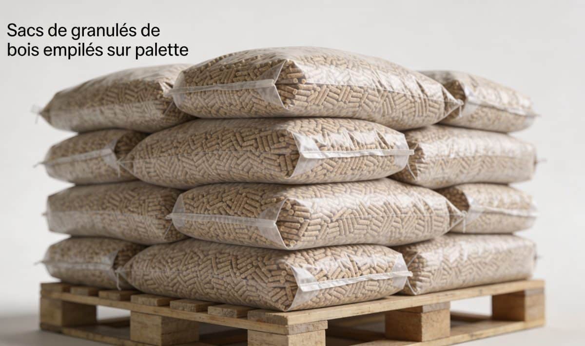 Sacs de granulés de bois empilés sur palette