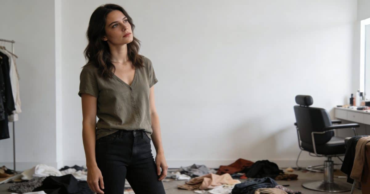Salon encombre vetements au sol femme debout pensif