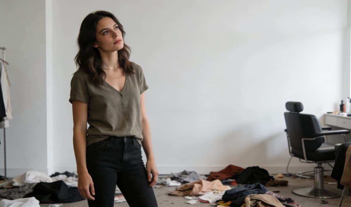 Salon encombre vetements au sol femme debout pensif