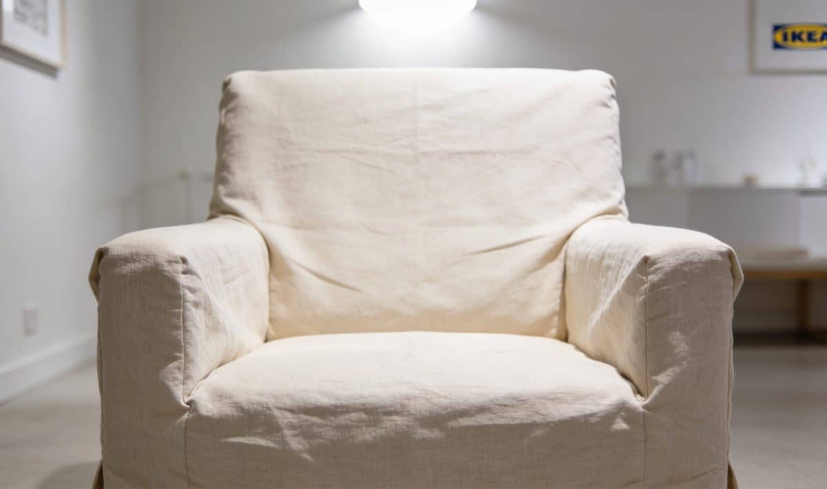 Salon lumineux avec housse beige sur fauteuil Ikea