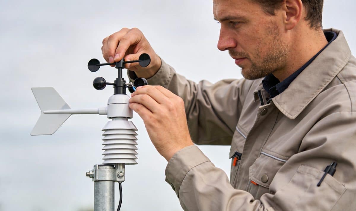 technicien ajuste capteurs sur petite station meteo moderne