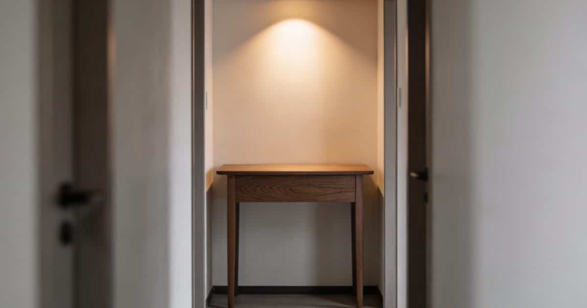 Vue sur petite entree lumineuse avec console en bois