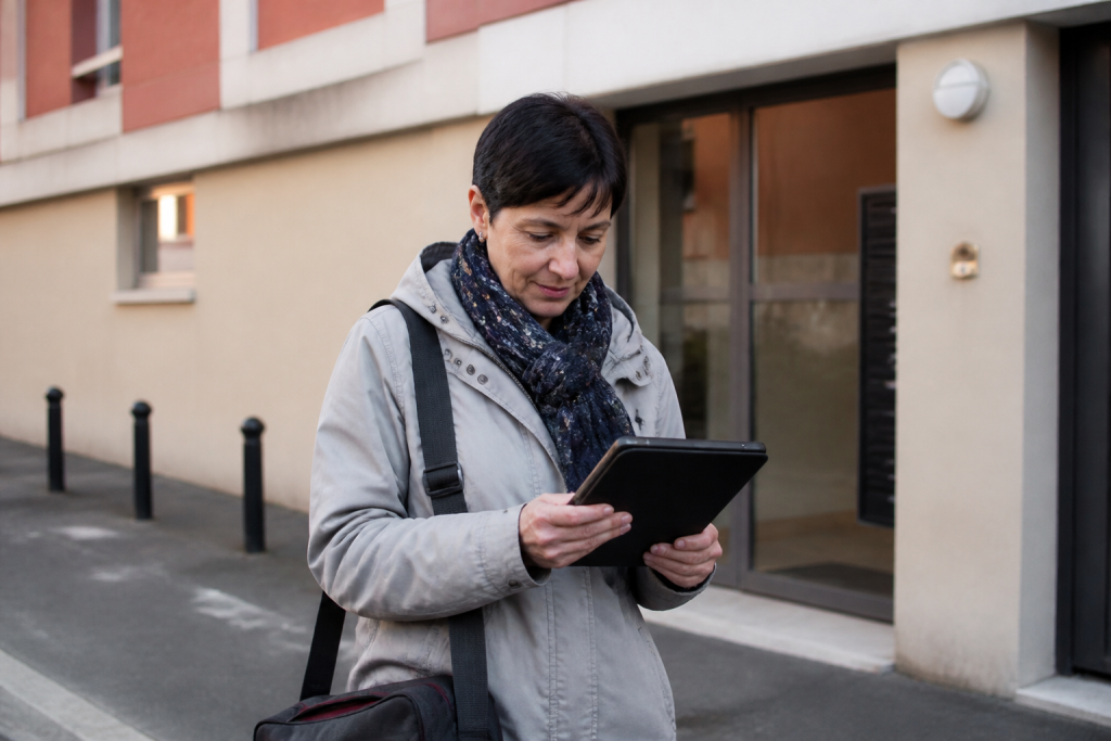 Agent recenseur tenant une tablette devant un immeuble