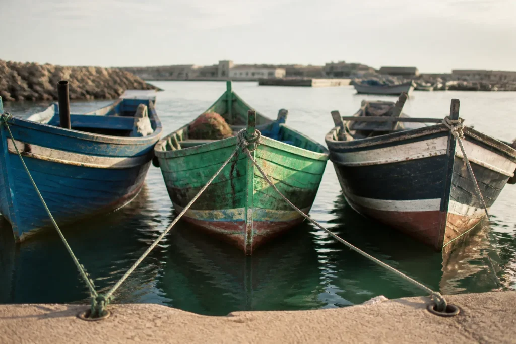 Bateaux de peche colores amarres dans le port