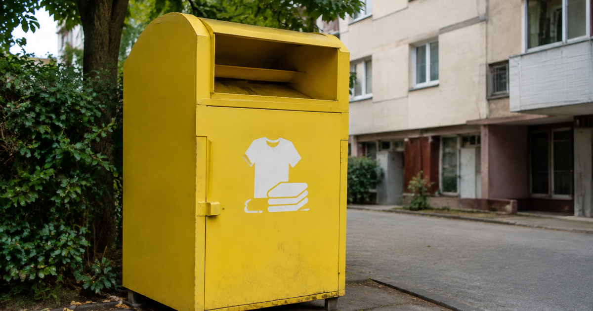 Conteneur jaune de collecte textile devant un immeuble