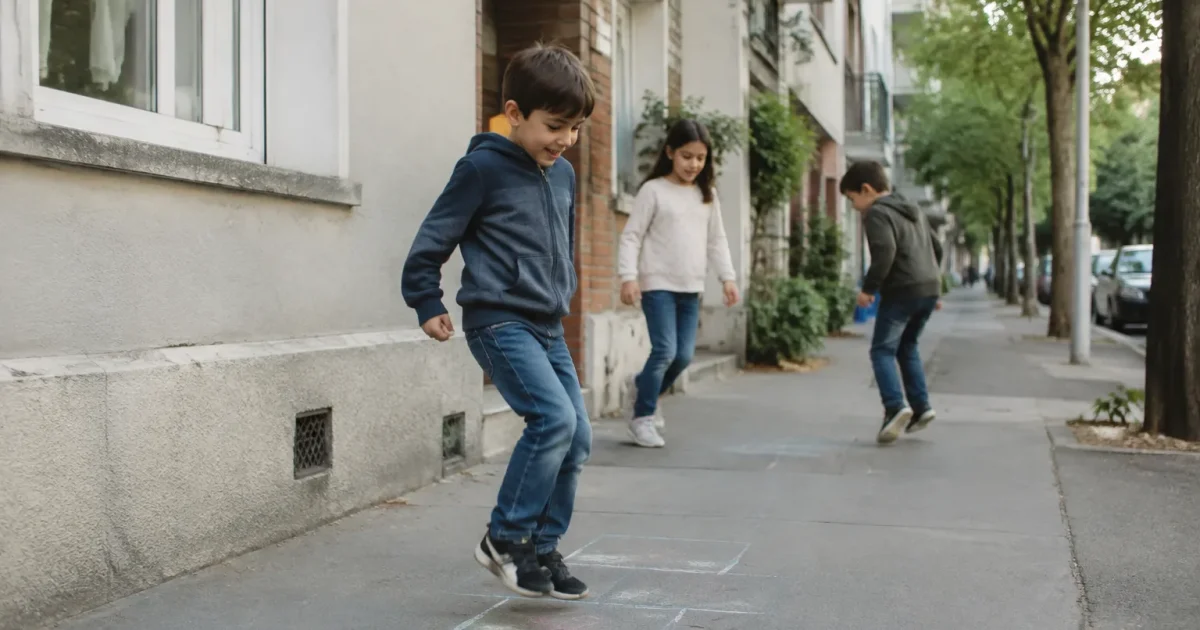 Enfants jouant sur un trottoir devant des immeubles
