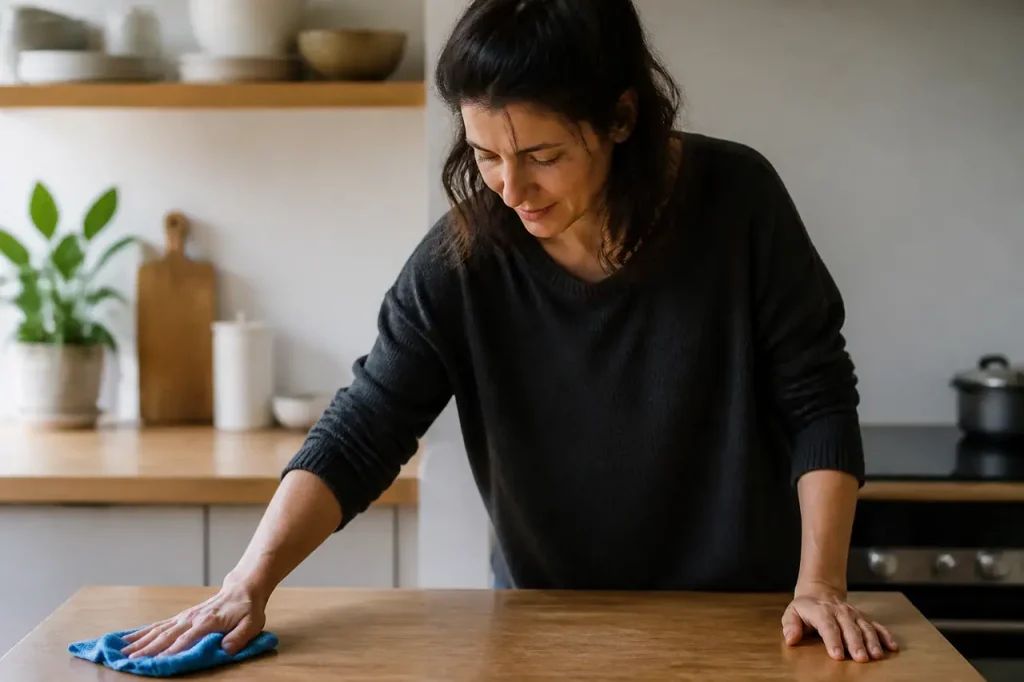 Femme essuyant un plan de travail avec chiffon bleu