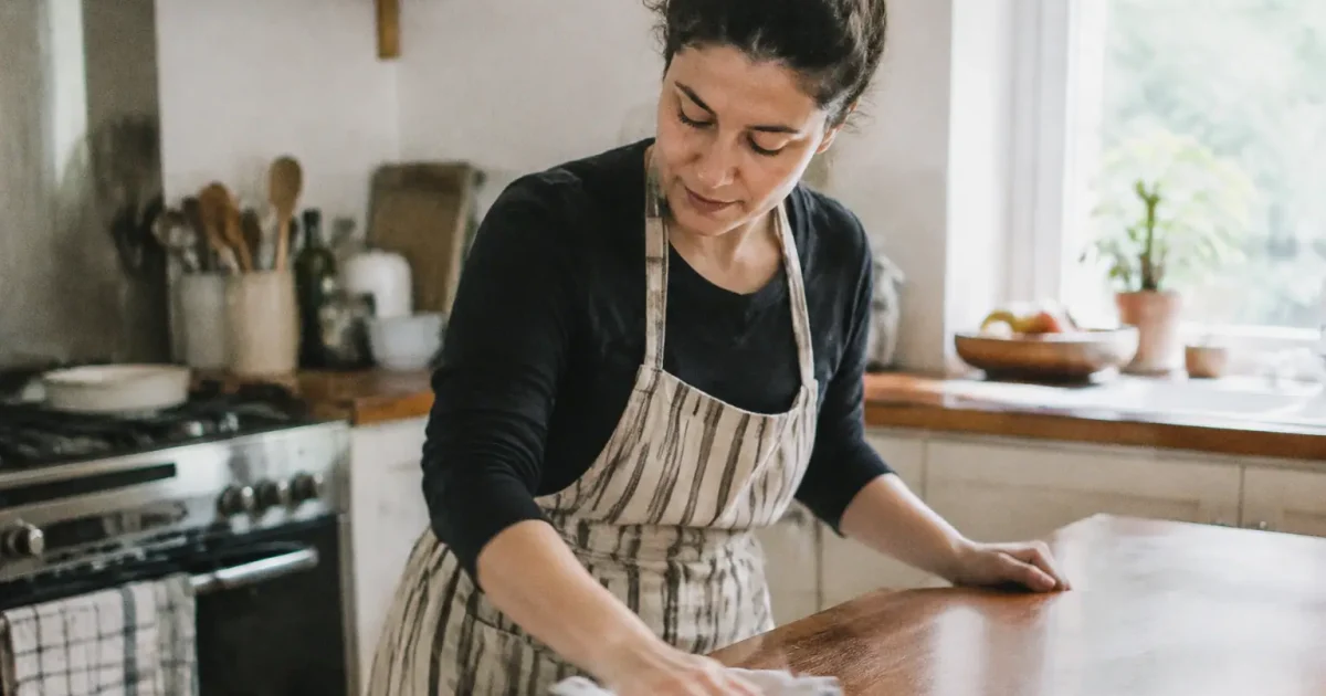 Femme en tablier essuyant un plan de travail