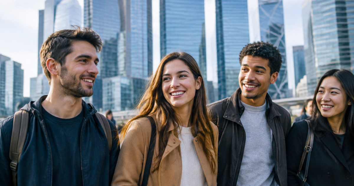 Groupe de personnes souriantes marchant devant des gratte-ciel modernes
