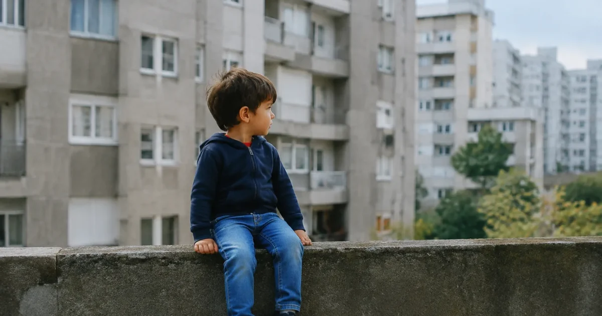 Immeubles gris en hauteur, enfant assis sur un muret