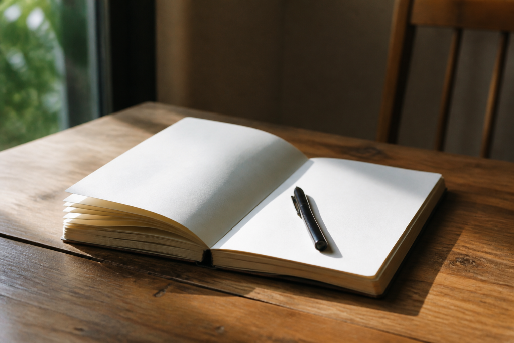 Livre ouvert sur table en bois avec stylo