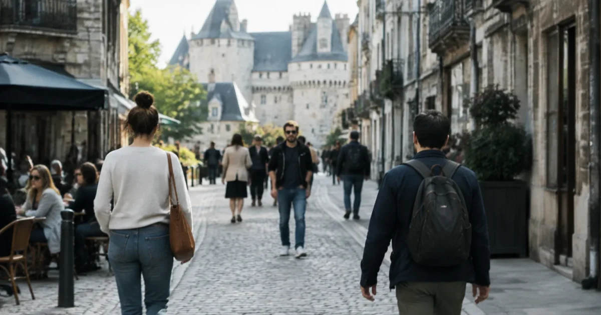 Passants marchant dans une rue pavee de Nantes