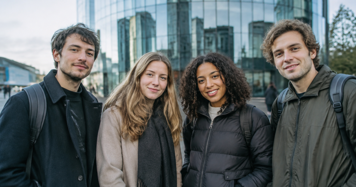 Quatre habitants debout devant une tour de verre