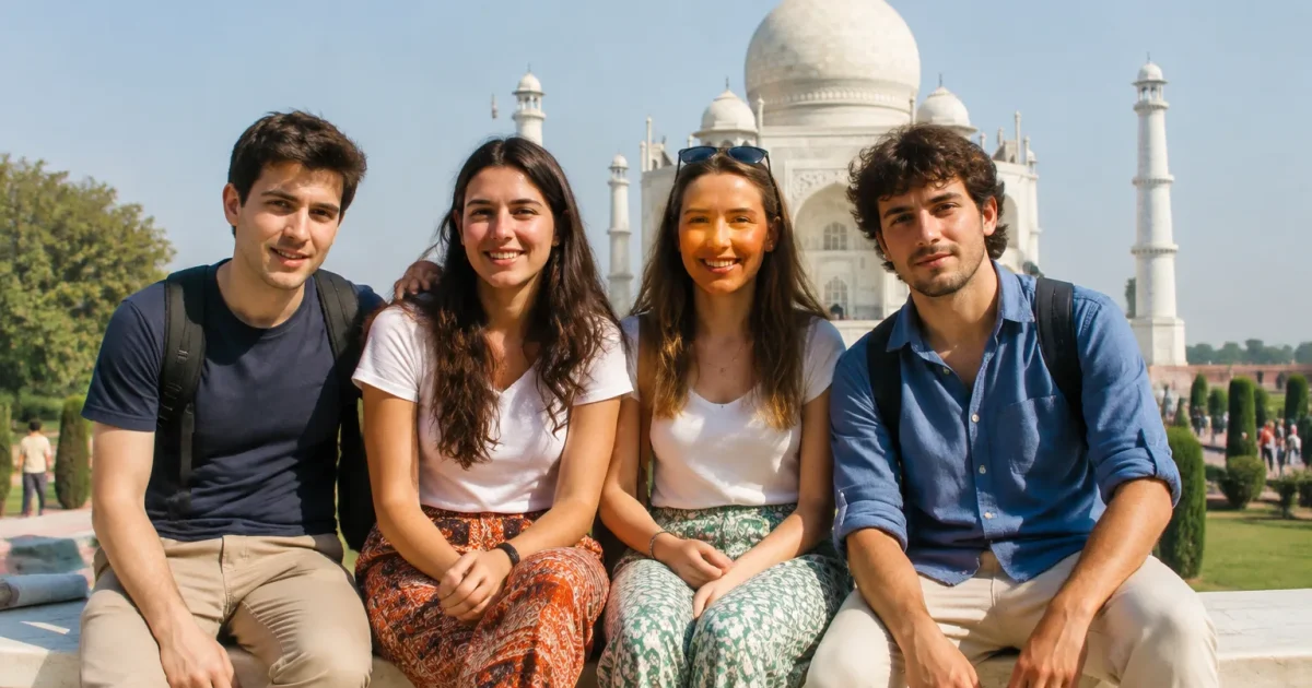 Quatre jeunes assis sur un muret au Taj Mahal