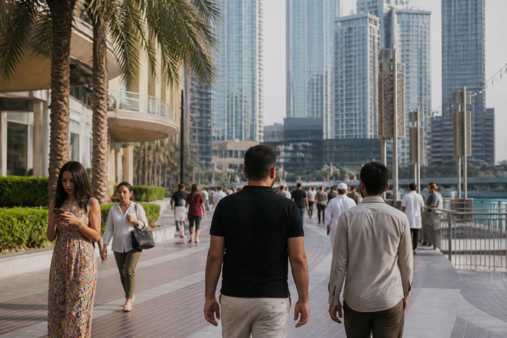 Rue animee de Dubai passants devant tours modernes