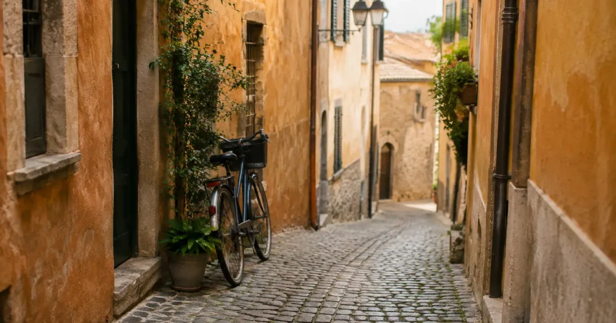 Ruelle pavee avec facades ocres et velo appuye