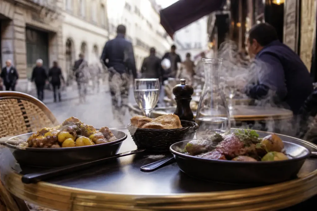 Tables de bistrot en terrasse avec plats fumants