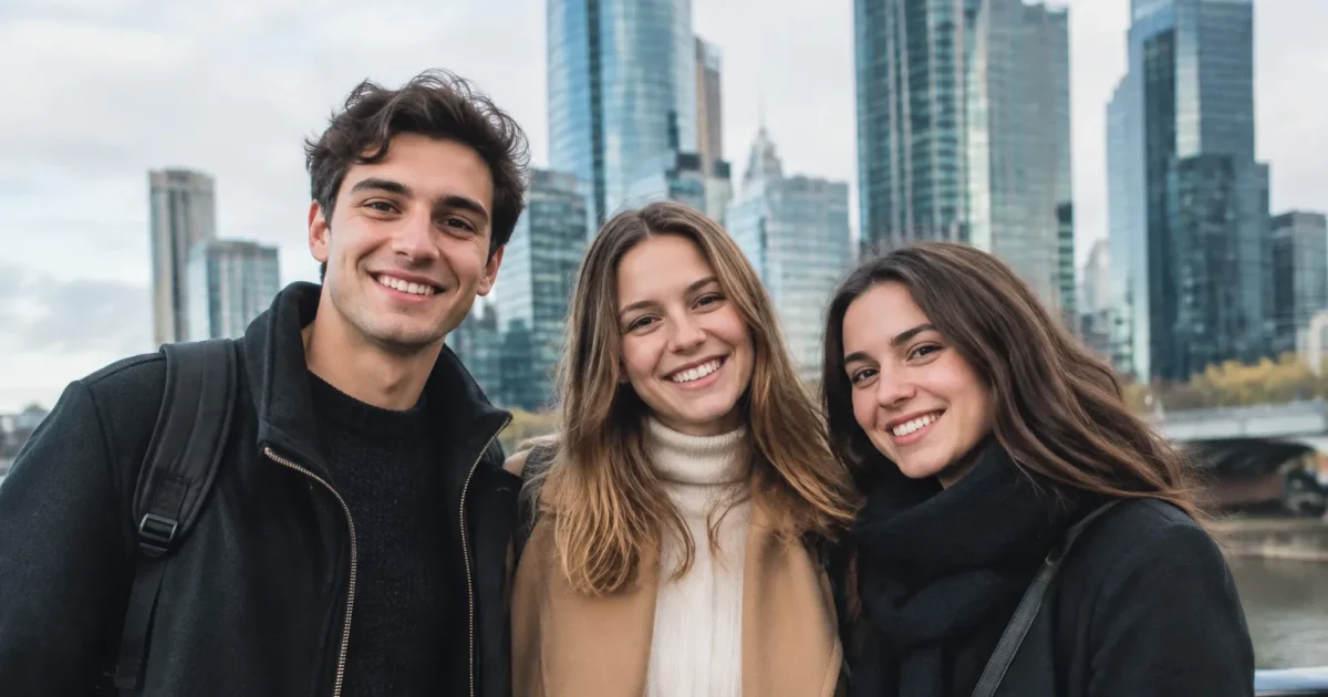 Trois personnes souriantes debout devant les gratte-ciel modernes