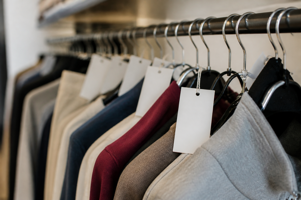 Vetements pliés et étiquettes de prix sur un portant