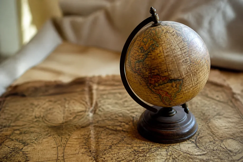 Vieux globe terrestre sur carte ancienne jaunie